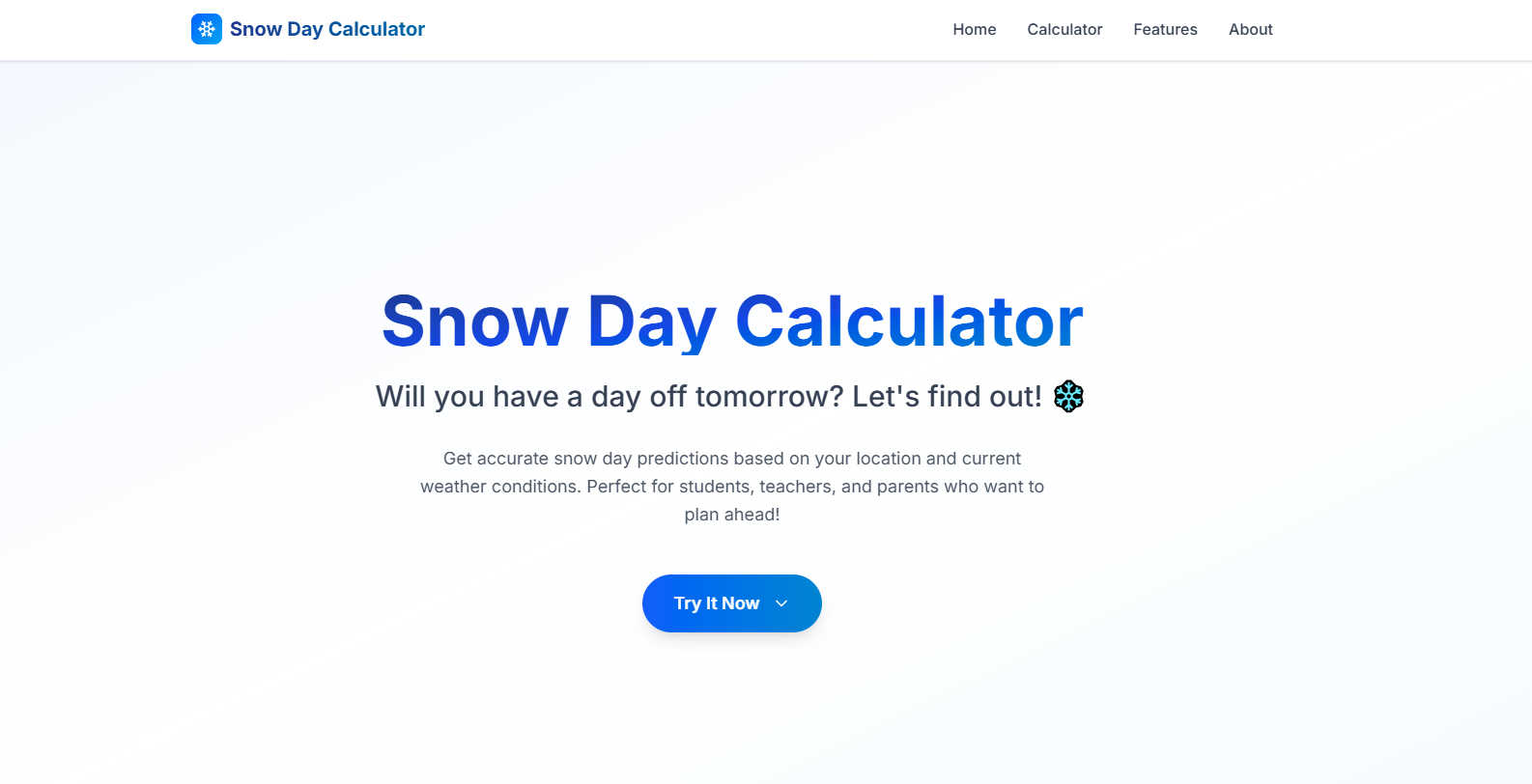 Snow day calculator application interface and features