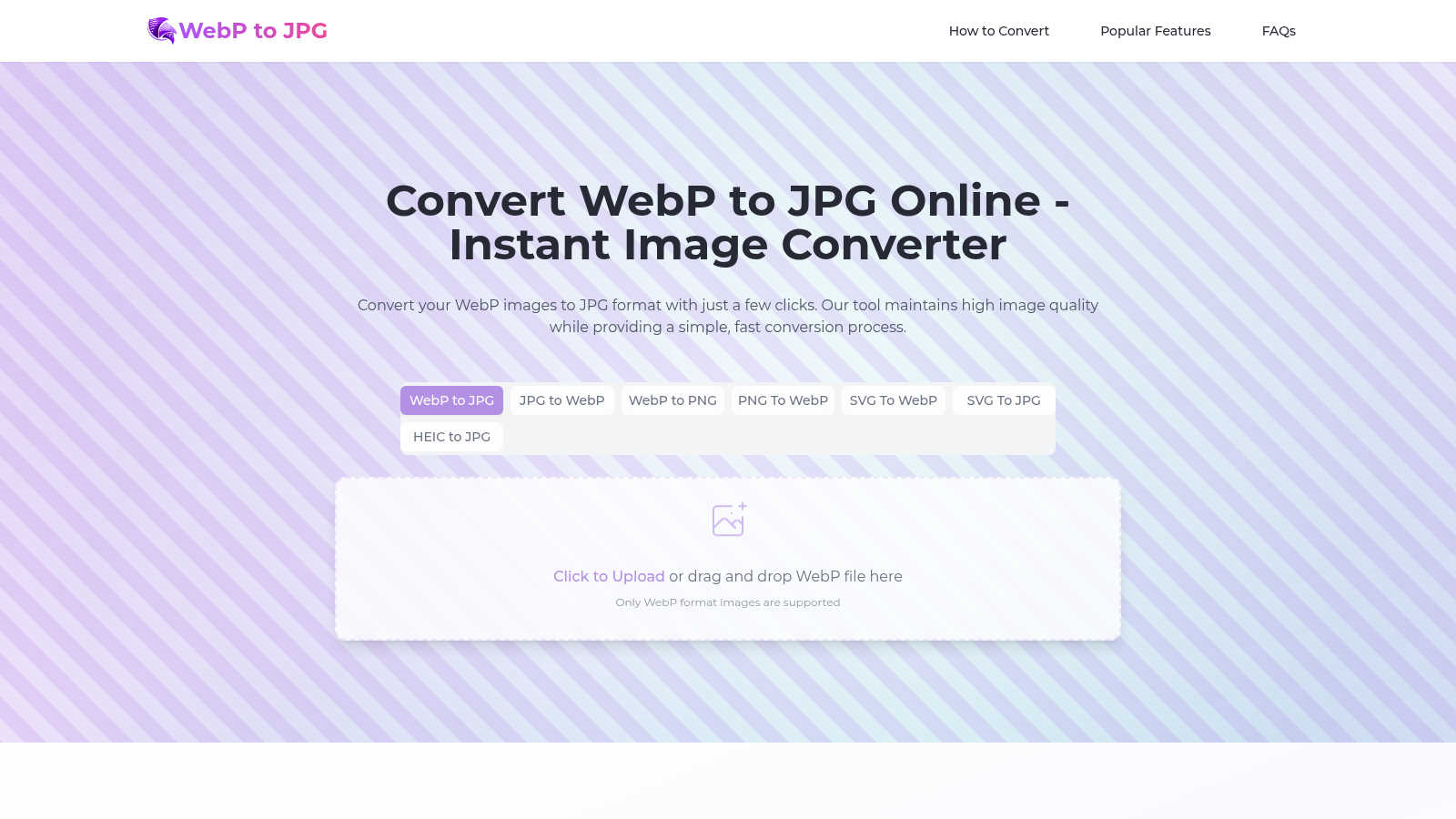 WebP to JPG Converter application interface and features