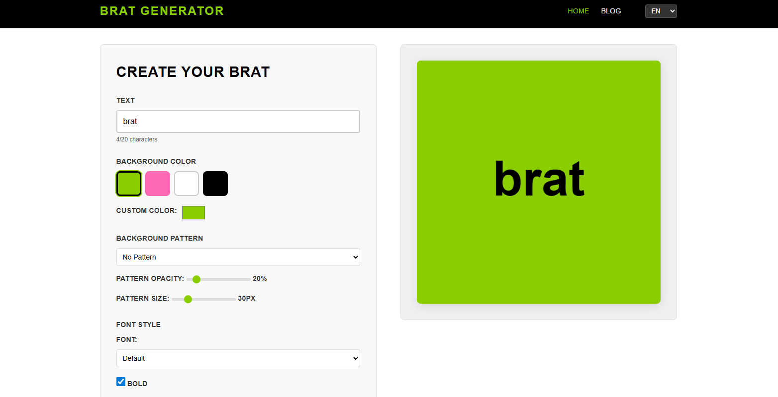 Brat generator application interface and features