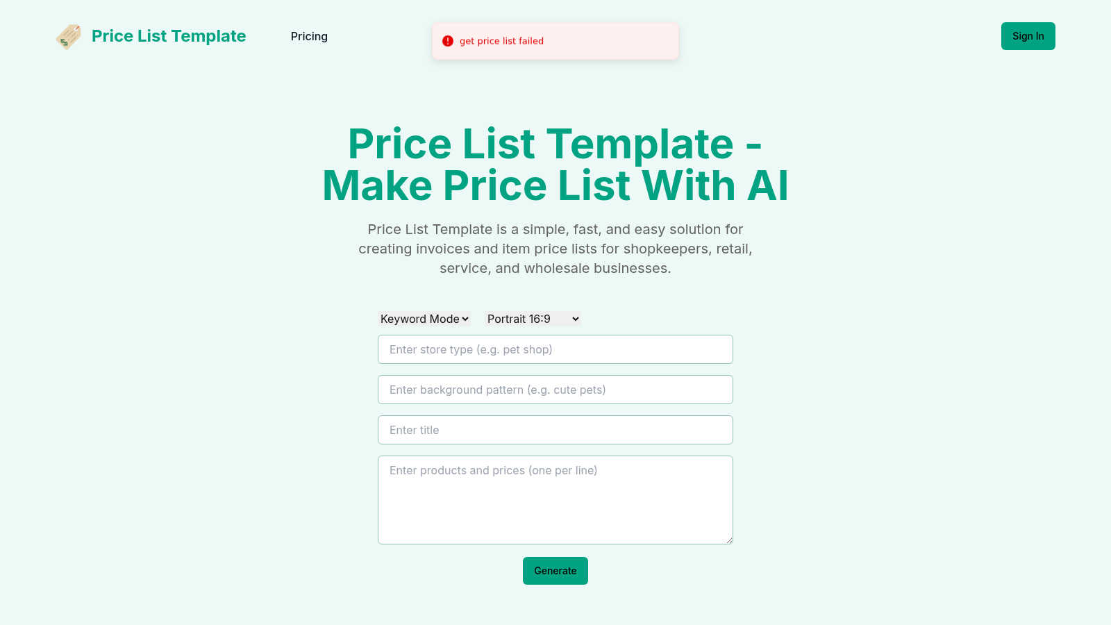 PriceListTemplate application interface and features