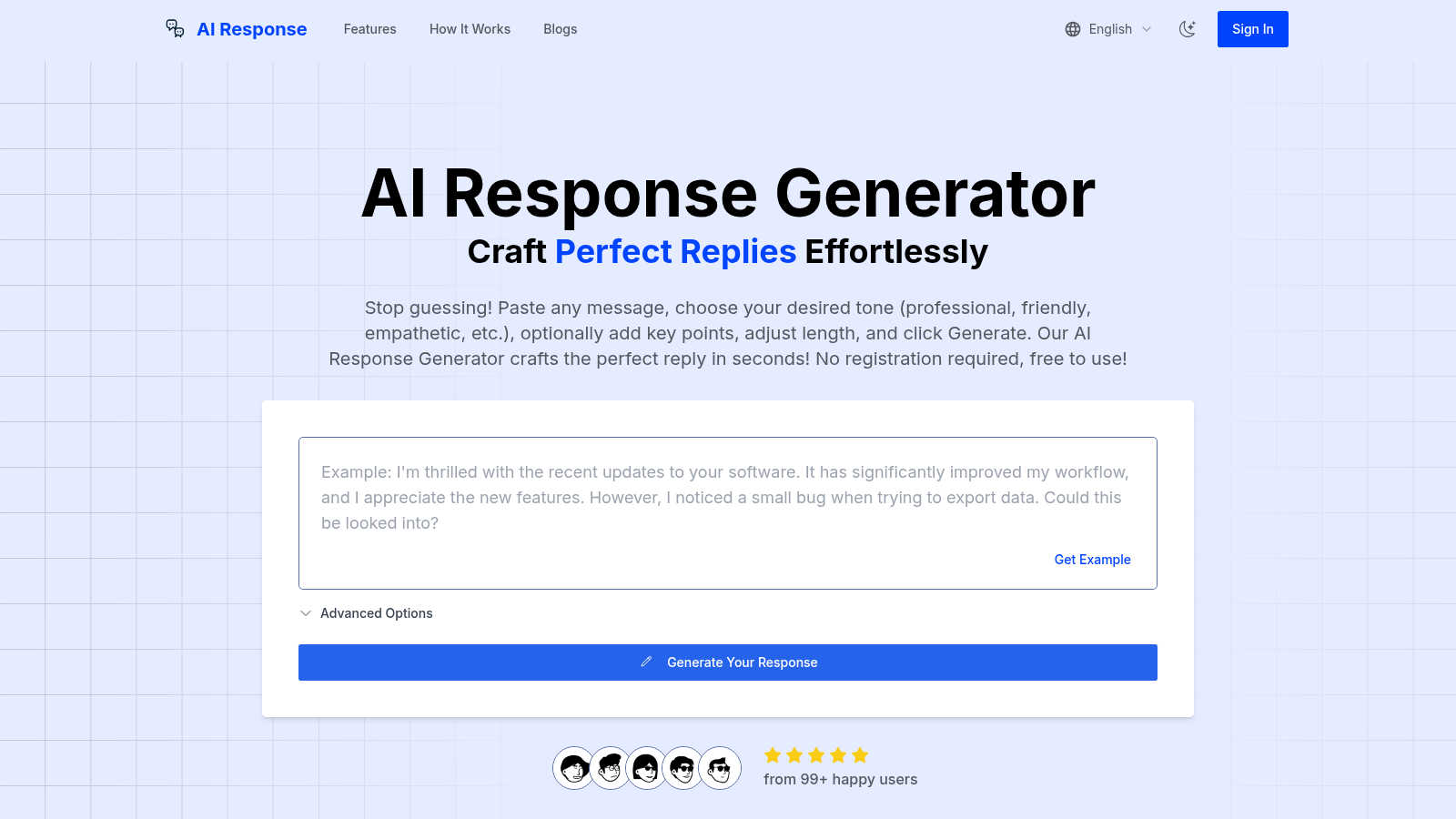 AI Response Generator application interface and features