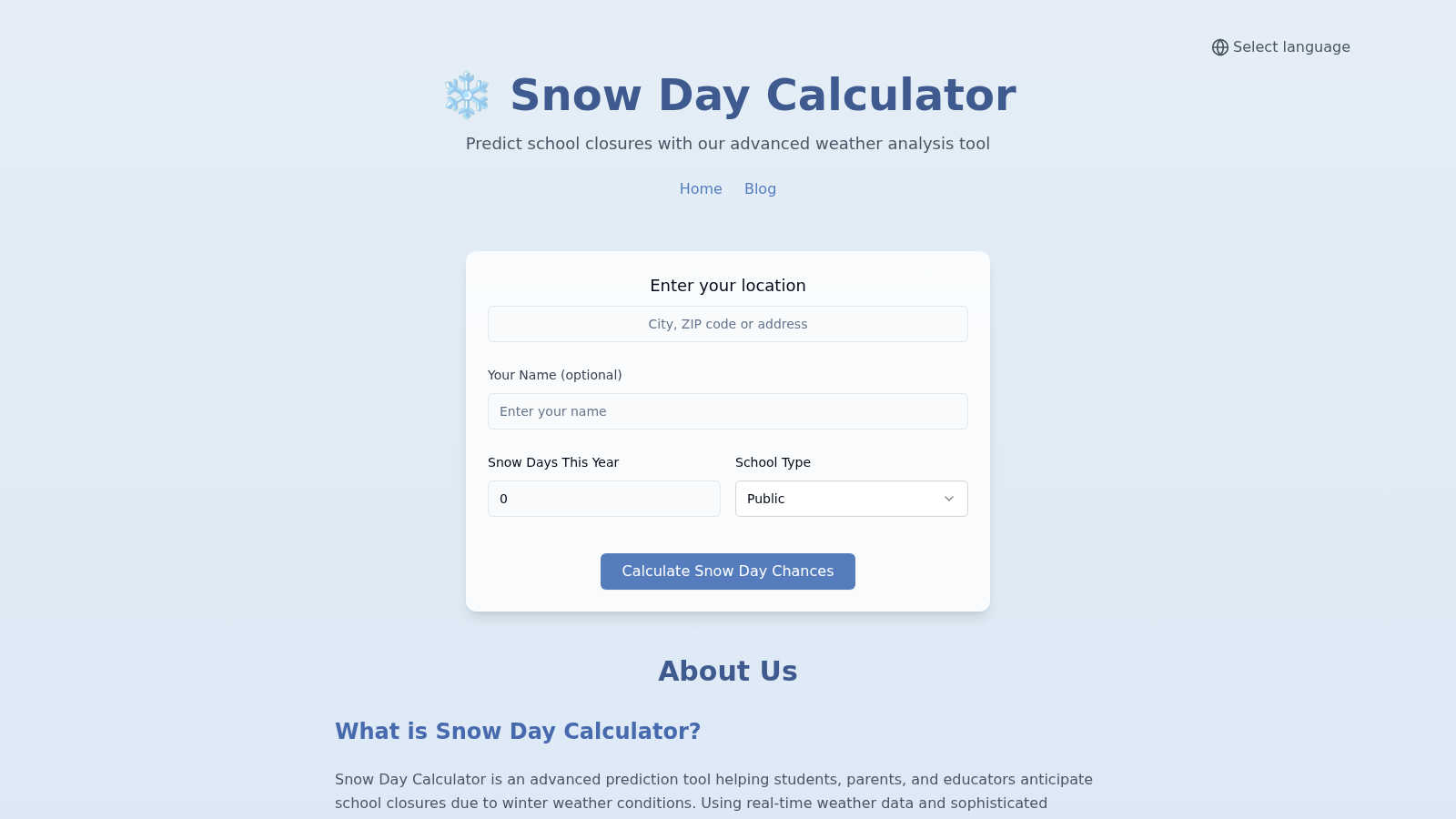 Snow Day Calculator application interface and features