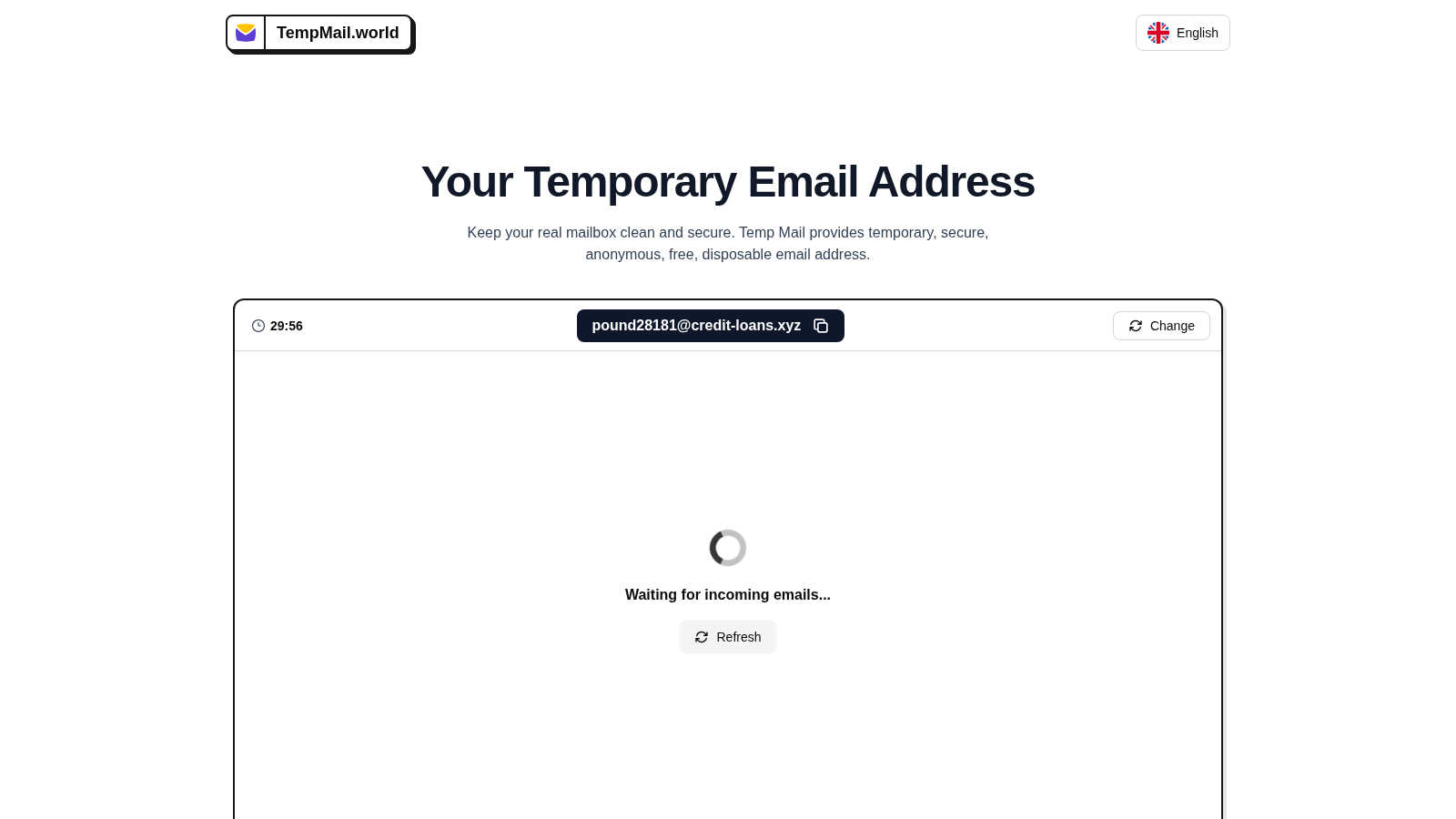 Tempmail.world application interface and features