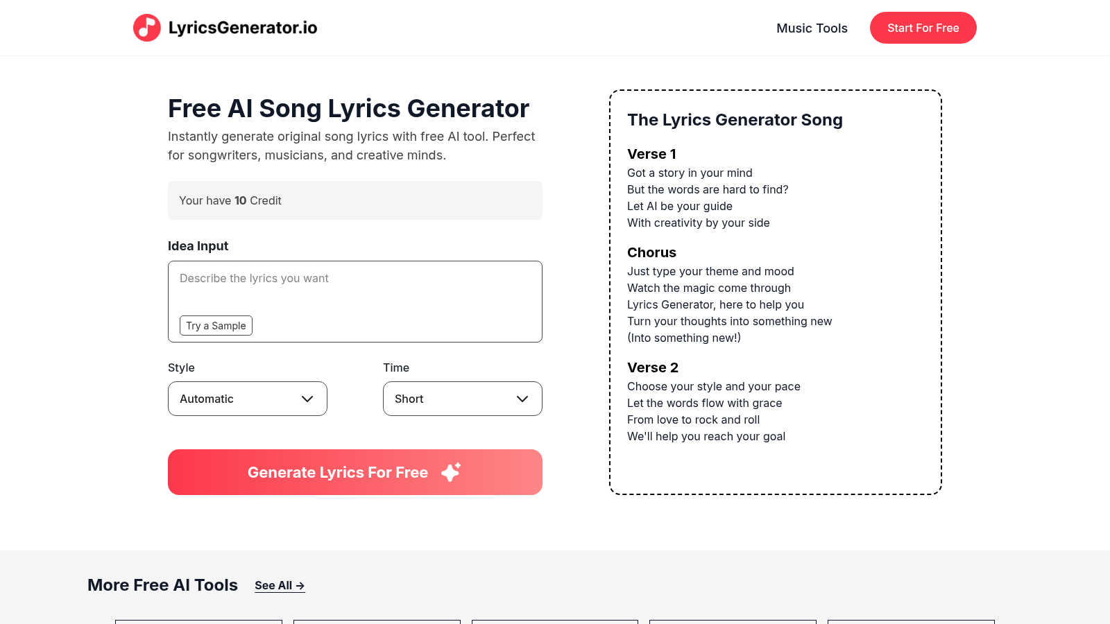 Lyrics Generator application interface and features