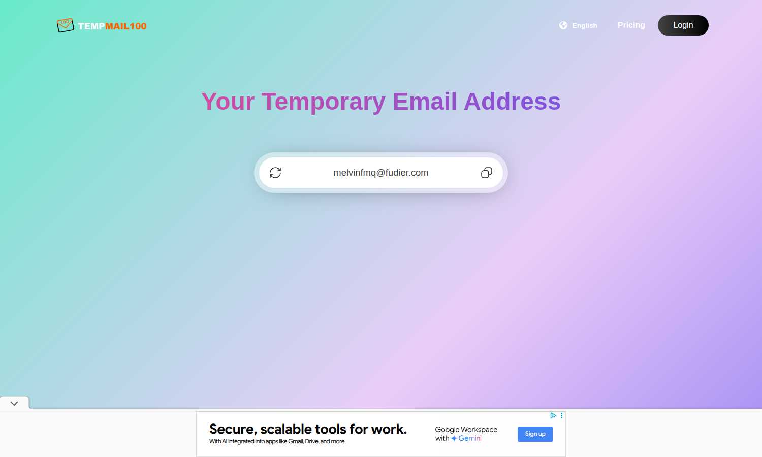 Temp Mail 100 application interface and features