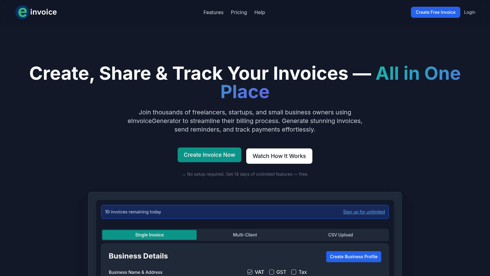 eInvoice Generator application interface and features
