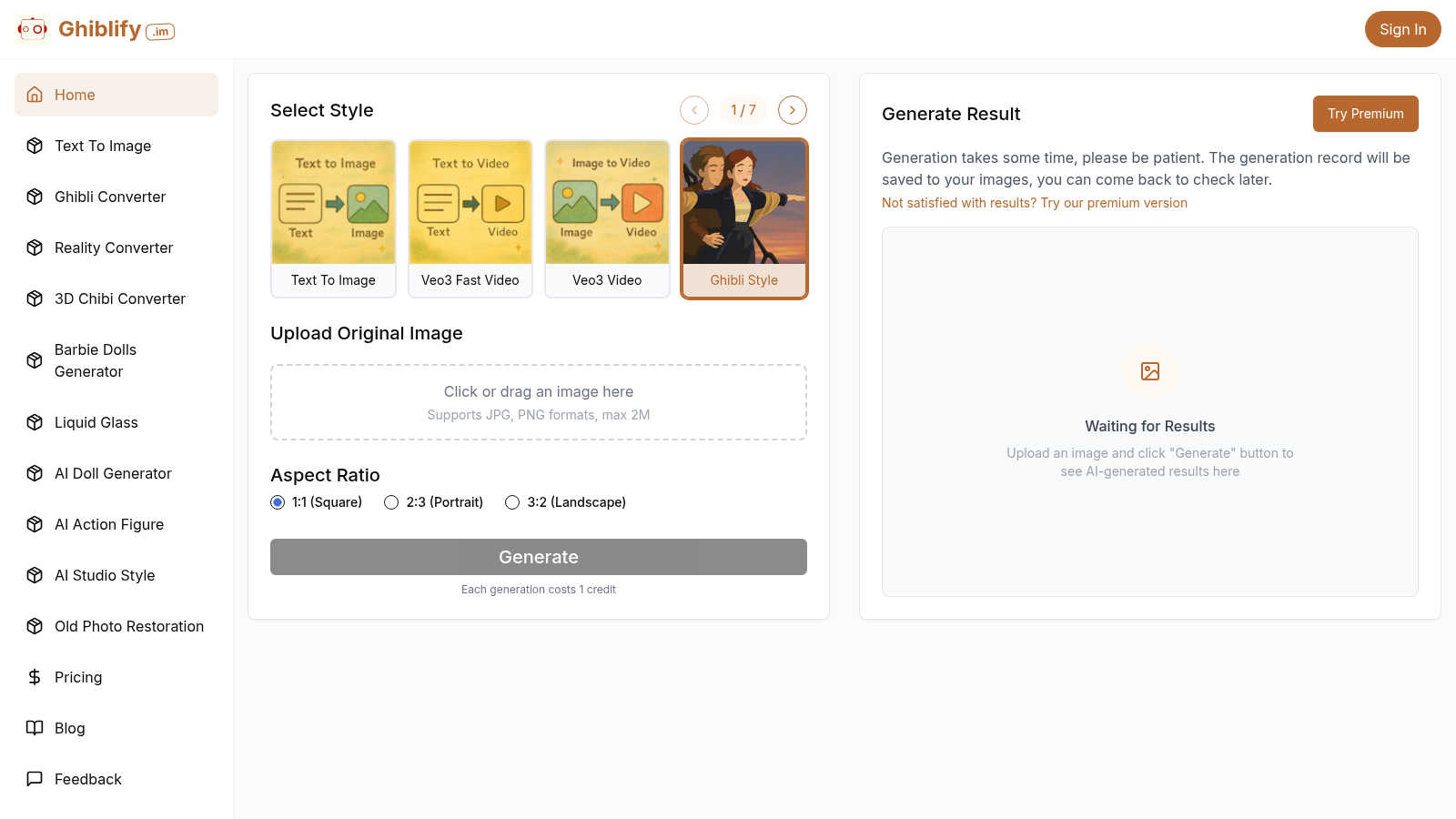Ghiblify application interface and features