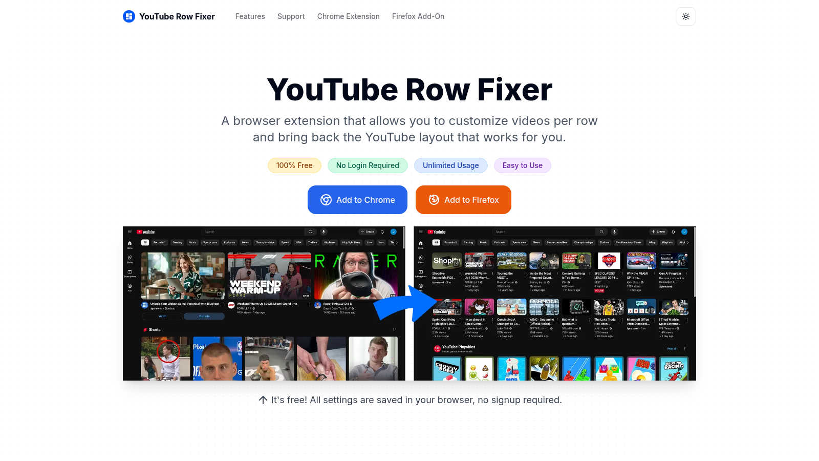 YouTube Row Fixer application interface and features