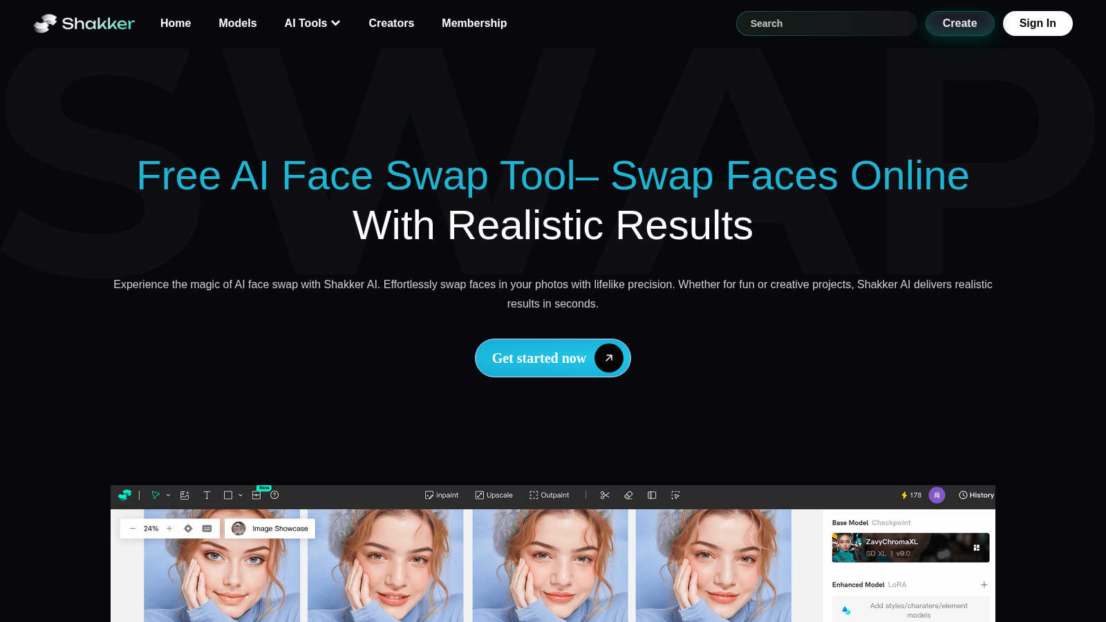 Free AI Face Swap Tool - Shakker application interface and features