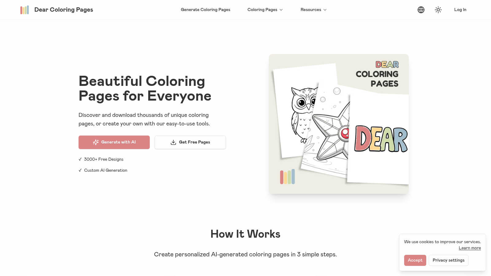 Dear Coloring Pages application interface and features