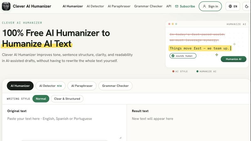 Clever AI Humanizer application interface and features