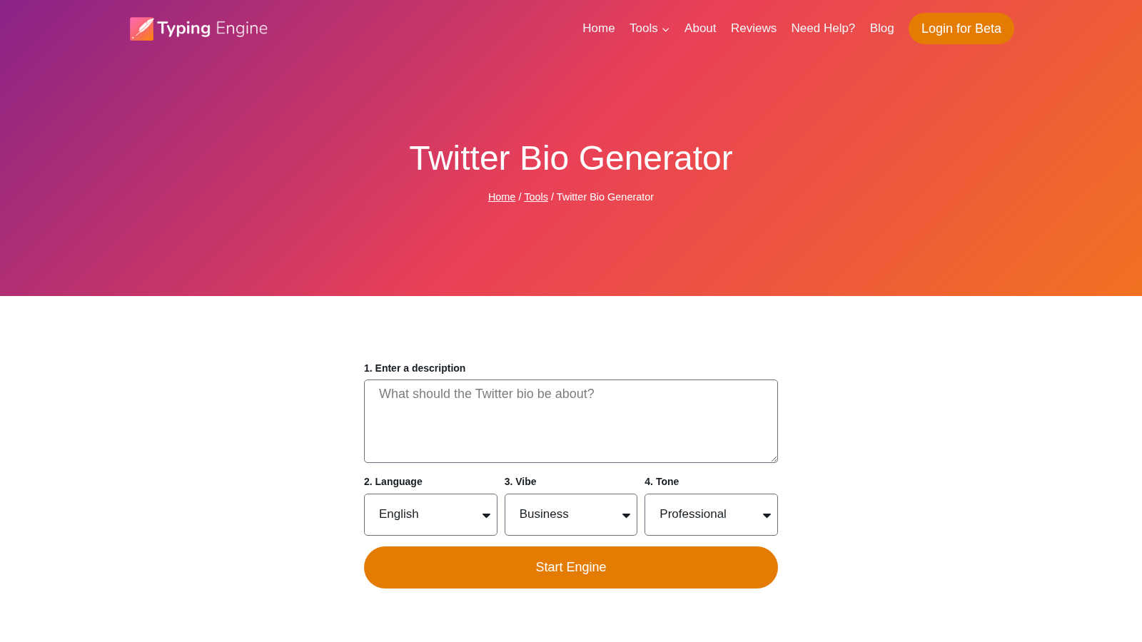 Twitter Bio Generator - Create Twitter Bio | Typing Engine application interface and features