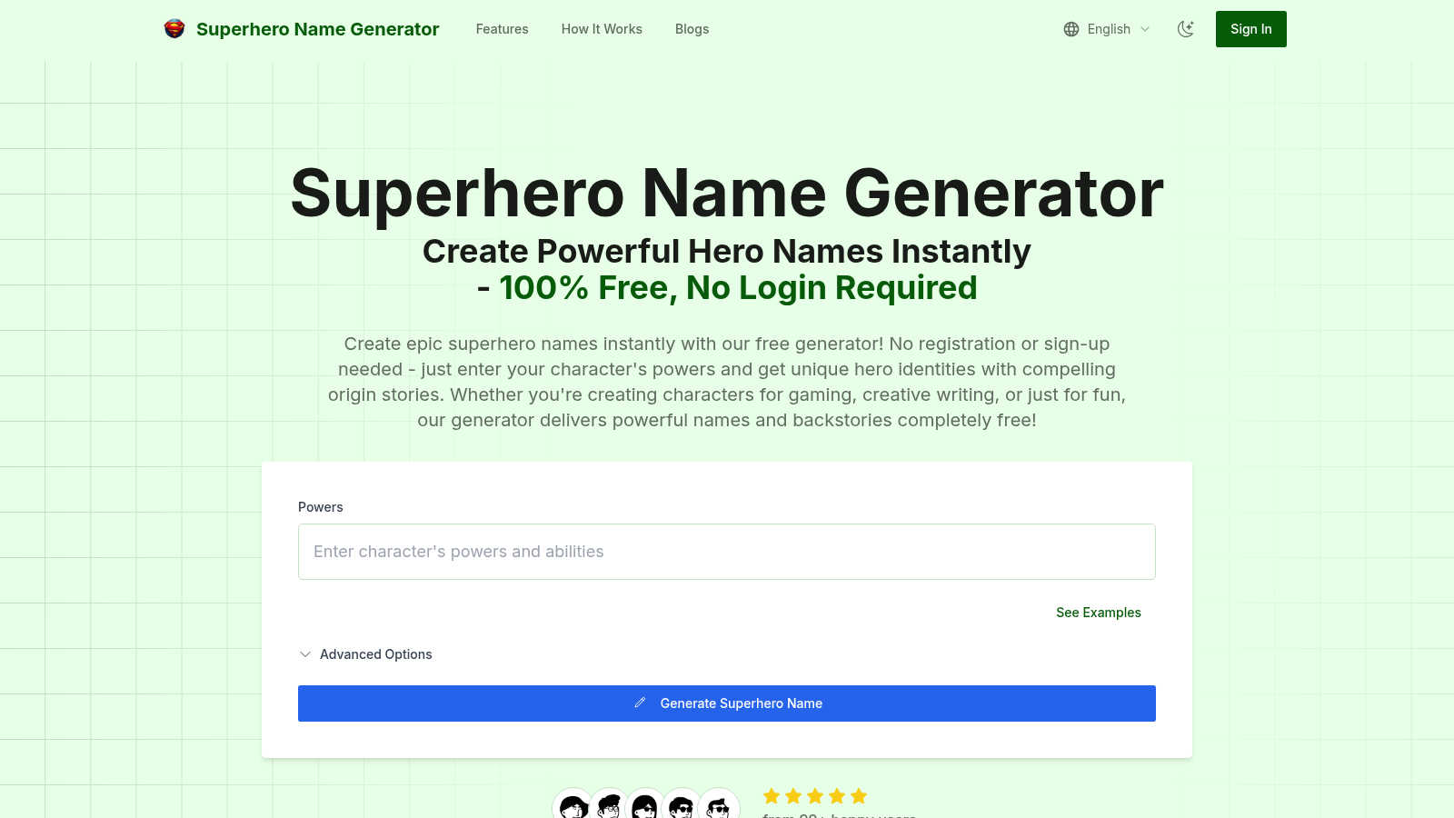 Superhero Name Generator application interface and features