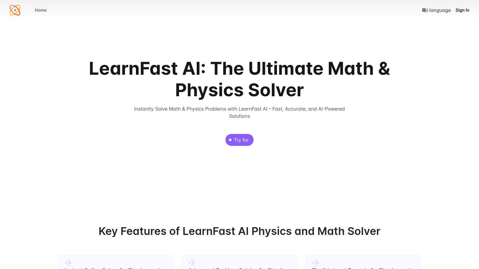 LearnFast AI: Free AI Physics Solver application interface and features