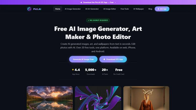 Pict AI - Image Generator & Editor application interface and features