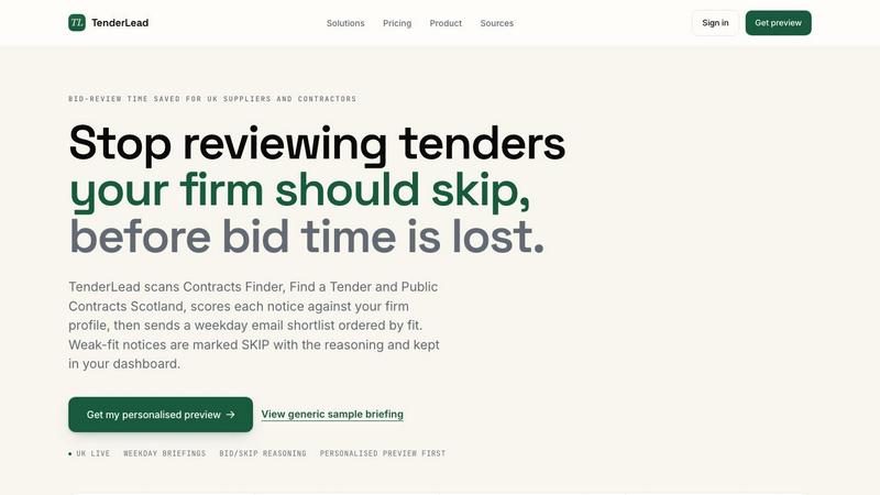 TenderLead application interface and features