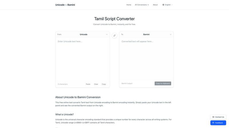 Unicode to Bamini Converter application interface and features